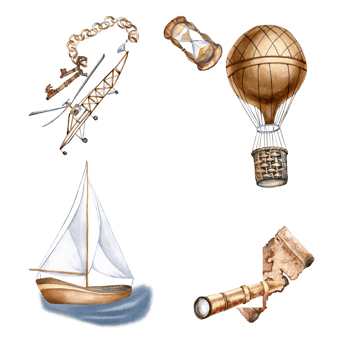 Frame of adventure items, ship watercolor illustration. Compass, spyglass, sailboat, hot air balloon, air plane hand drawn. Childish design, boy postcard vintage style, invitation. png