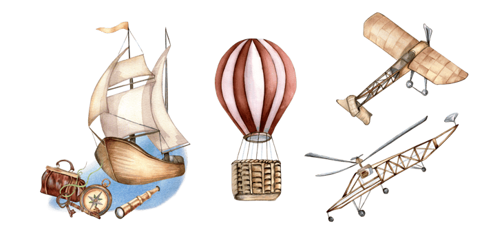 Composition of sailing ship, hot air balloon watercolor illustration. Spyglass, airplane, carpet bag, waterscape hand drawn. Childish design, element for boy's room, print, postcard. png