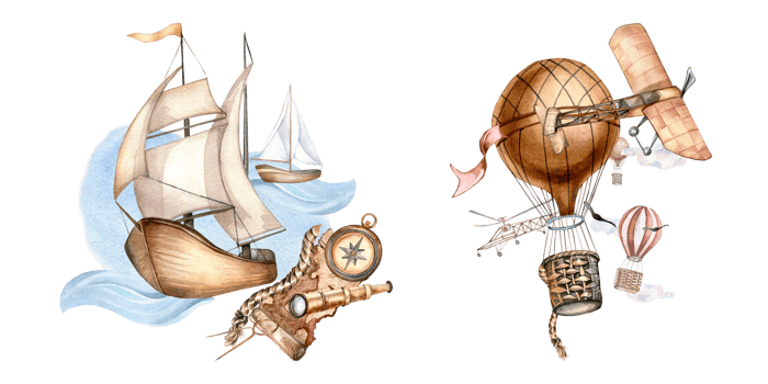 Composition of sailing ship, hot air balloon watercolor illustration. Hour glass, spyglass, boat, air plane hand drawn. Childish design, element for boy's room, print, postcard. png