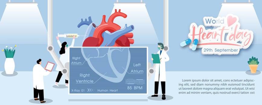 Concept of world heart day poster campaign in cartoon character x-ray treatment and health care awareness in flat style and vector design at 29 September.