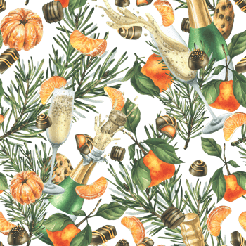 Christmas collection with tangerines, sweets, spices, champagne and plants. Watercolor illustration, hand drawn for holiday decor. Seamless pattern png