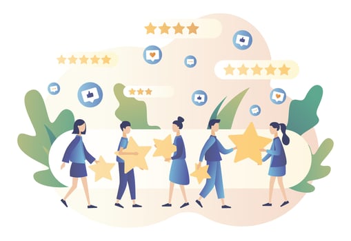 Star rating concept. Customer reviews. People leave feedback and comments. Modern flat cartoon style. Vector illustration