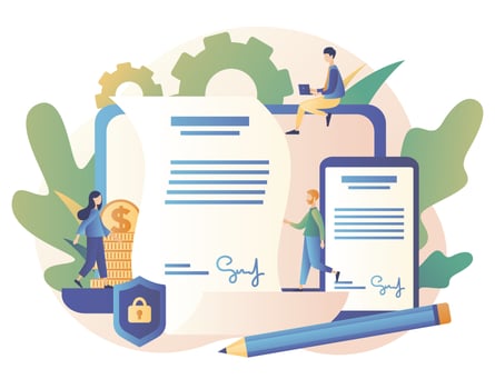 Electronic contract or digital signature concept. Modern flat cartoon style. Vector illustration