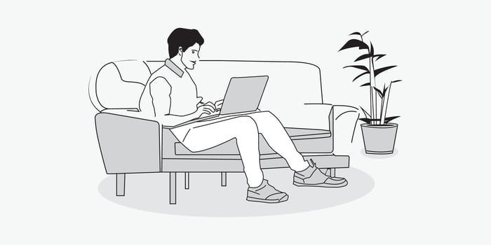 Vector linear art of a Man working on laptop sitting on sofa
