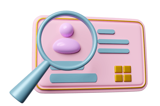 3d Id card icon with magnifying glass isolated. human resources, plastic card, Job search, verify identity concept, 3d render illustration png