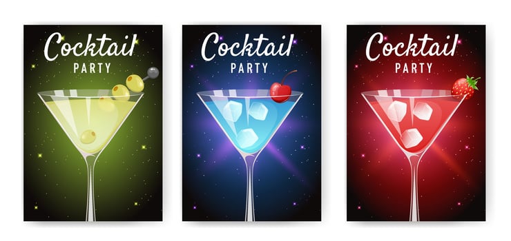 Cocktail party banner, poster, flyer, invitation with different type of drinks. vector