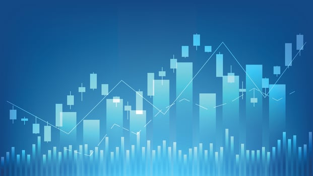 economy situation concept. Financial business statistics with bar graph and candlestick chart show stock market price and currency exchange on dark green background vector