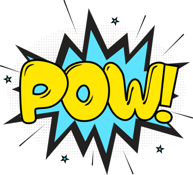 Pow, comic explosion with yellow and blue colors. Text bubbles for cartoon speeches. Comic blast with smash effects and stars. png