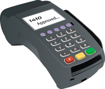 Flat illustration of a hand holding credit card. Credit card reader with a hand. Online banking and payment system. png
