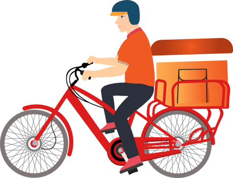 A delivery man riding a bicycle. Delivery man with a bicycle design. Online order delivery concept. Flat character illustration. png