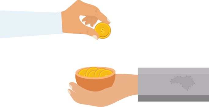 Man giving charity to a beggar. Man donating money concept. Beggar hand with a bowl of golden coins png