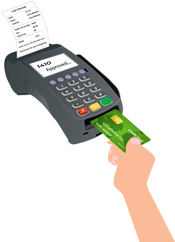 Credit card reader with a hand. Flat illustration of a hand holding credit card. Online banking and payment system. png