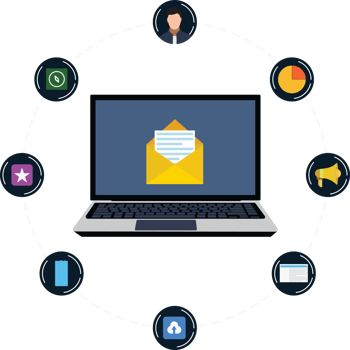 Social media marketing with a laptop. Laptop facilities with email and social networking system. Digital marketing system. png
