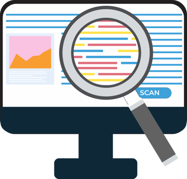 SEO researching with a magnifying glass. Researching SEO from a website inside a computer. Magnifying glass searching. png