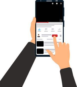 Typing comments with a mobile keyboard for online channels. Hand holding mobile phone and watching online video. png