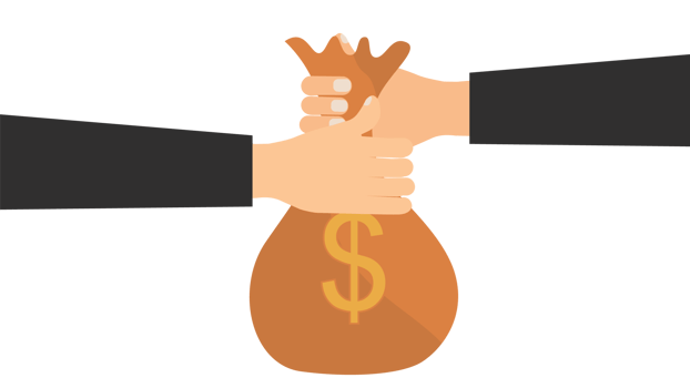 Giving a money bag to a businessman. Hands taking and giving money to one another. Sack of money with two human hands. png