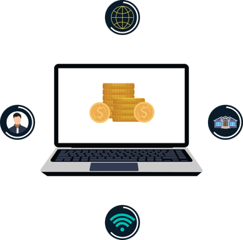 Finance and banking online service with a laptop. Bank business concept with internet icons and flat character design. png