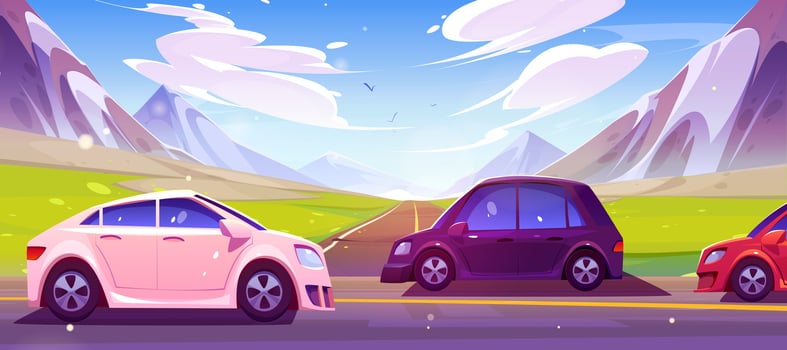 Highway with cars against mountain landscape vector