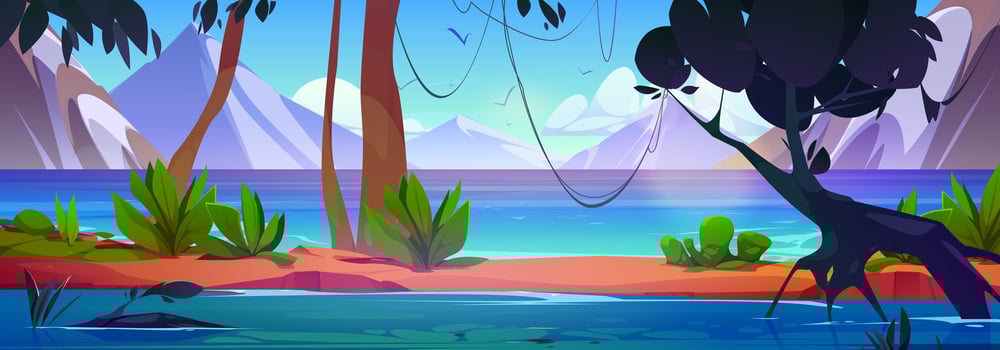 Cartoon mountain landscape with lake, rainforest vector