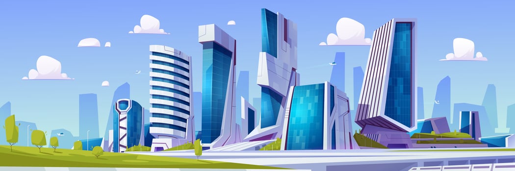 Cartoon futuristic city with green park vector