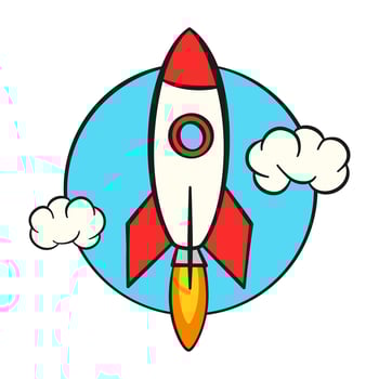 Startup business concept. Rocket launching with blue background and clouds. Cartoon vector