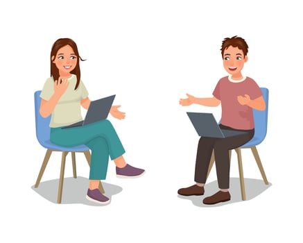 Business woman talking to young man with laptop having meeting discussion or consulting about work vector