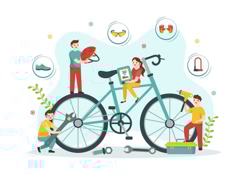 Cycling and Bicycle Tool Set Vector Illustration of a Mechanic Repairing Bicycles in a Workshop with Spare Parts in Flat Cartoon Hand Drawn Template