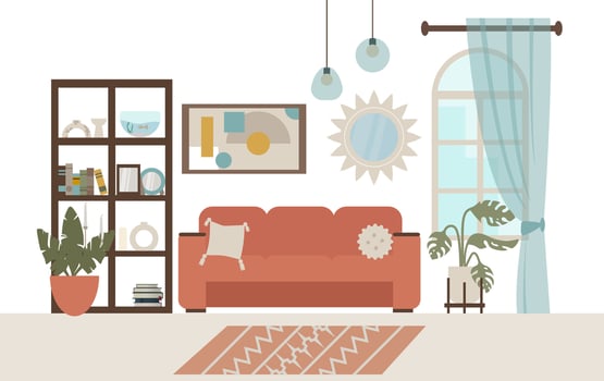 Living room interior with furniture, sofa, bookshelf, plants and decorations. Flat style vector illustration.
