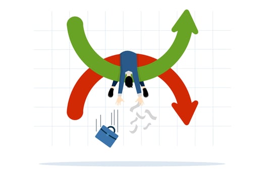 Economy, stagflation or recession-inflation is a situation where the inflation rate is high, the economic growth rate is slow. businessmen fall and stuck on growth charts. flat vector illustration.