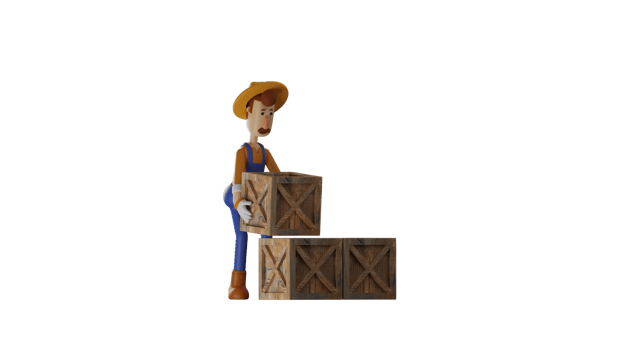 3D illustration. Diligent Farmer 3D cartoon character. Farmer is assembling wooden boxes in his barn. Farmer work full day and look miserable. 3D cartoon character png