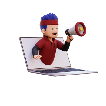 3d male character jumping out from computer screen and holding a megaphone png