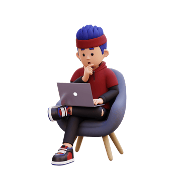 3d male character sitting on a sofa and working on a laptop with thinking pose png
