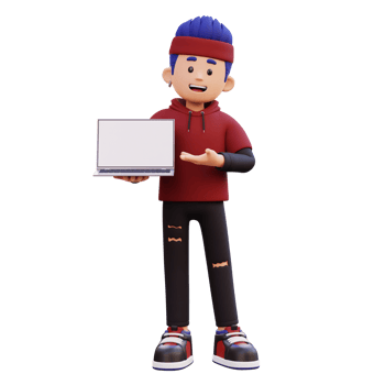 3d male character holding and presenting to a laptop with empty screen png