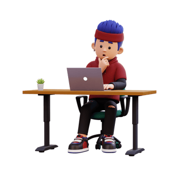 3d male character thinking and working on a laptop png