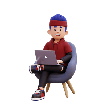 3d male character sitting on a sofa and working on a laptop png