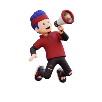 3d male character jumping and holding a megaphone png
