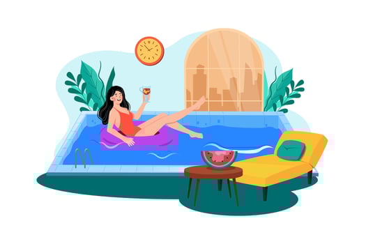 A woman enjoys a morning swim in the hotel pool during her vacation. vector
