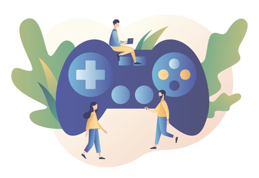 Gaming concept. People gamers playing online video game. Tiny people with a big controller. Modern flat cartoon style. Vector illustration