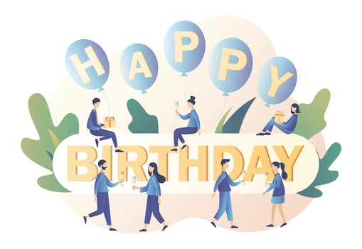 Happy birthday concept. Tiny people celebrate birthday. Modern flat cartoon style. Vector illustration