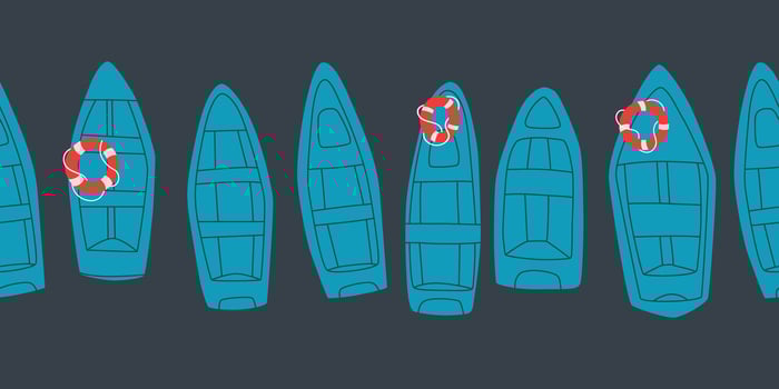 Different blue river boats. Vector seamless border for design.