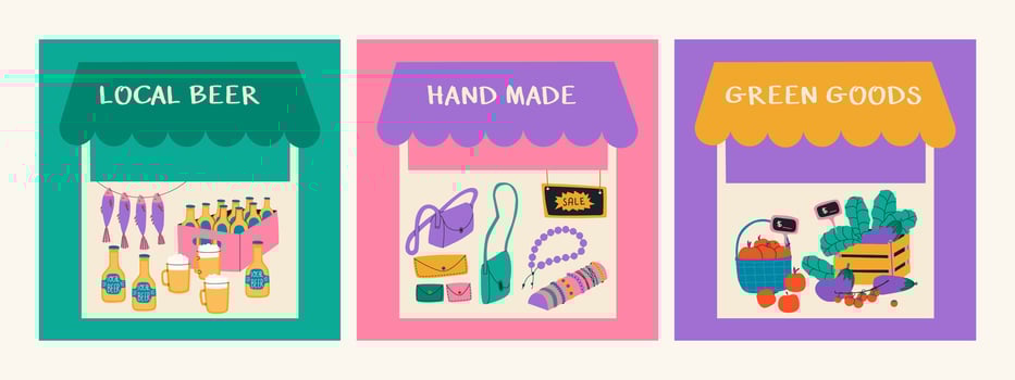 Set of illustrations of local market. Home food fair. Vegetables and fruits, craft beer, leather -haired and jewelry. Tent for trading in the market. vector