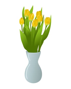 Yellow tulips in vase. Isolated flat vector composition on white background. Floral spring, summer illustration. Unique botanical bouquet
