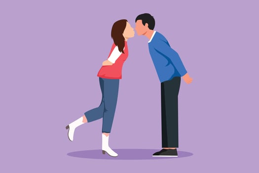 Character flat drawing young boy and pretty girl in love and kissing. Romantic couple lovers kissing each other. Happy man and woman celebrating wedding anniversary. Cartoon design vector illustration