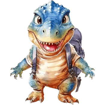 Cute cartoon dinosaur with backpack, Watercolor illustration png