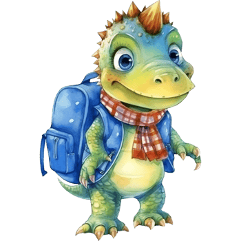 Cute cartoon dinosaur with backpack, Watercolor illustration png