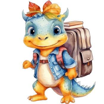 Cute cartoon dinosaur with backpack, Watercolor illustration png