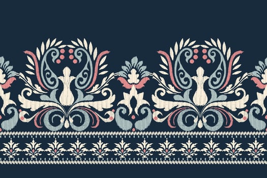 Ikat floral paisley embroidery on navy blue background.Ikat ethnic oriental pattern traditional.Aztec style abstract vector illustration.design for texture,fabric,clothing,wrapping,decoration,sarong.
