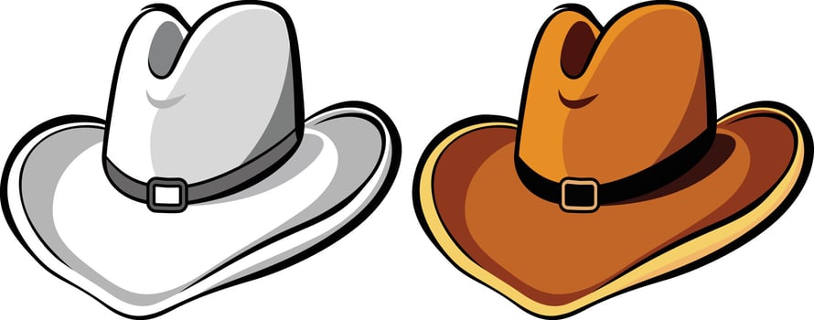 cowboy hat vector image, simple style cowboy hat colored and black and white vector illustration, ten gallon or Cattleman hat stock vector artwork