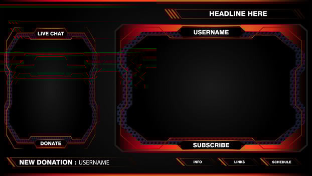 Game live stream interface overlay frames for gamer broadcast. Online streaming banners and menu bars isolated on background. vector
