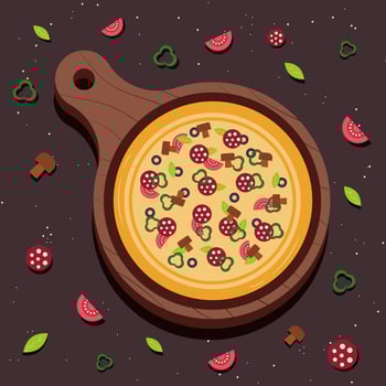 Pizza banner or background. Pizza on the board. Vector illustration.